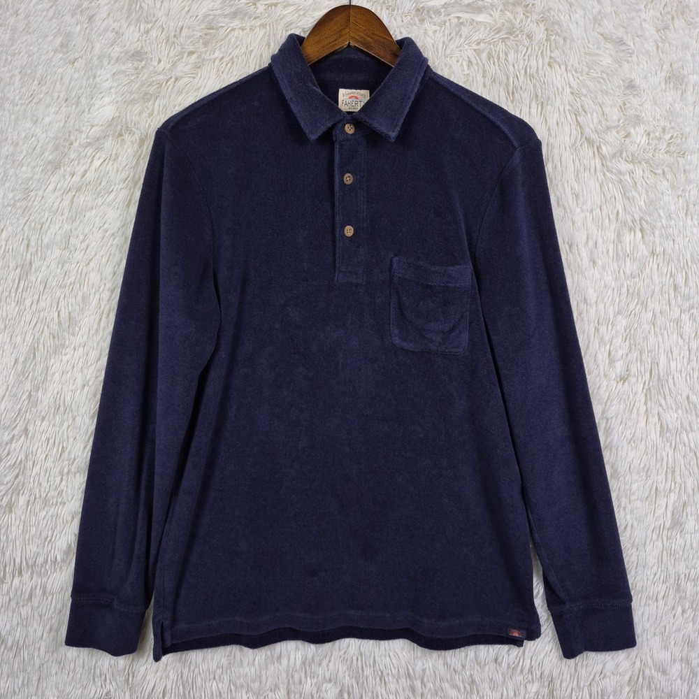 Faherty Brand Mens Navy Blue French Terry Long Sleeve Polo Shirt Medium Resort